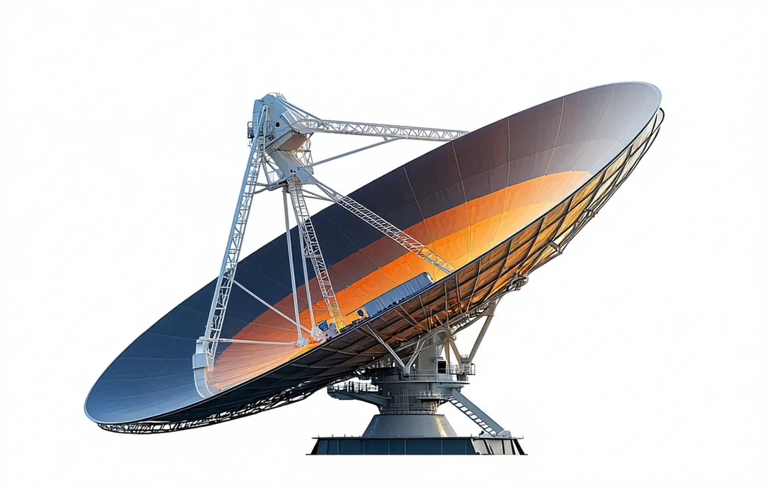 Cross-section engineering diagram of a parabolic dish antenna showing primary reflector, feed horn, LNA, and azimuth-elevation mount components