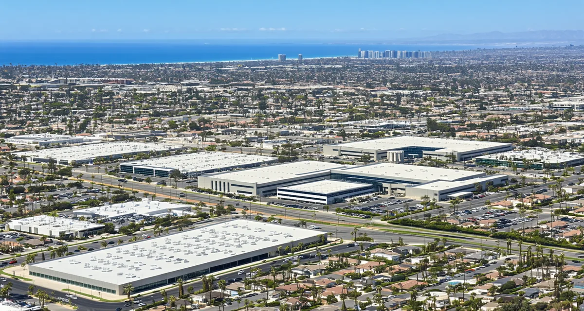 Aerial view of El Segundo California aerospace corridor with the Pacific Ocean visible in the background