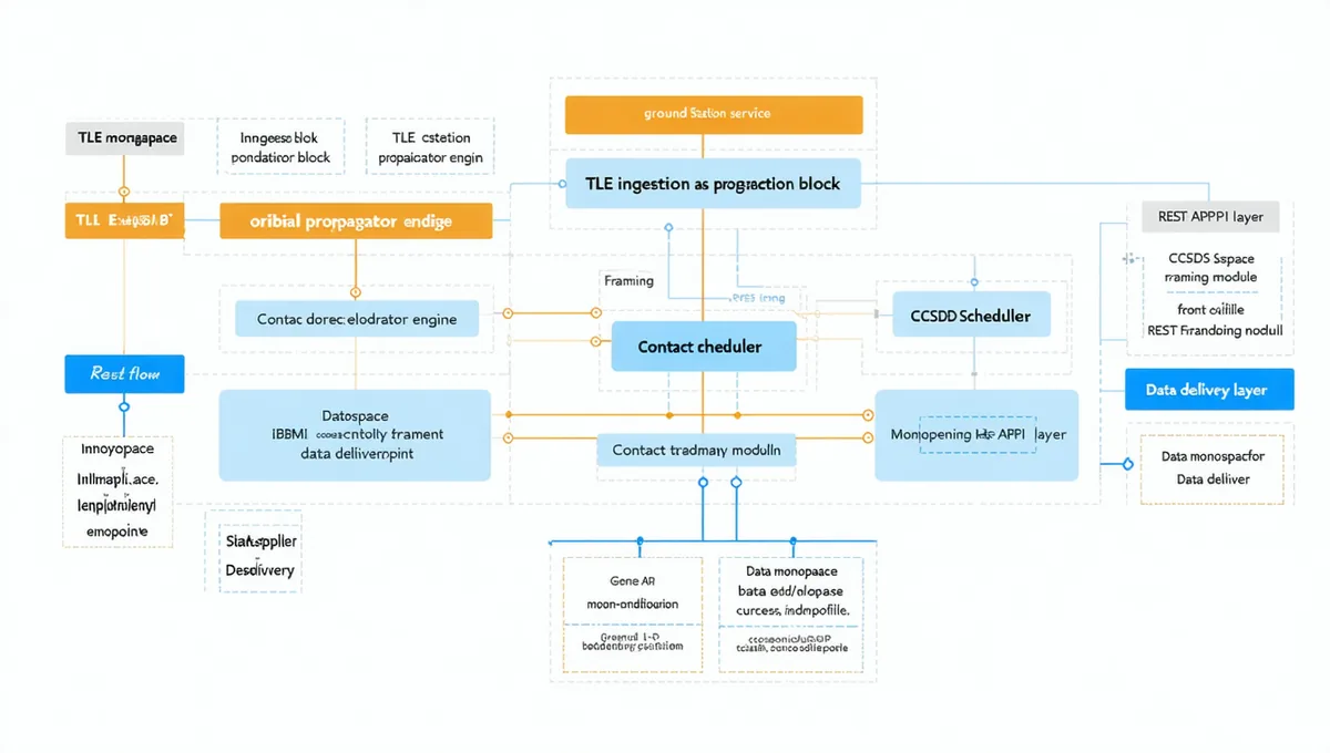 System architecture diagram showing TLE ingestion pipeline, pass prediction engine, contact scheduling API, and CCSDS packet delivery flow