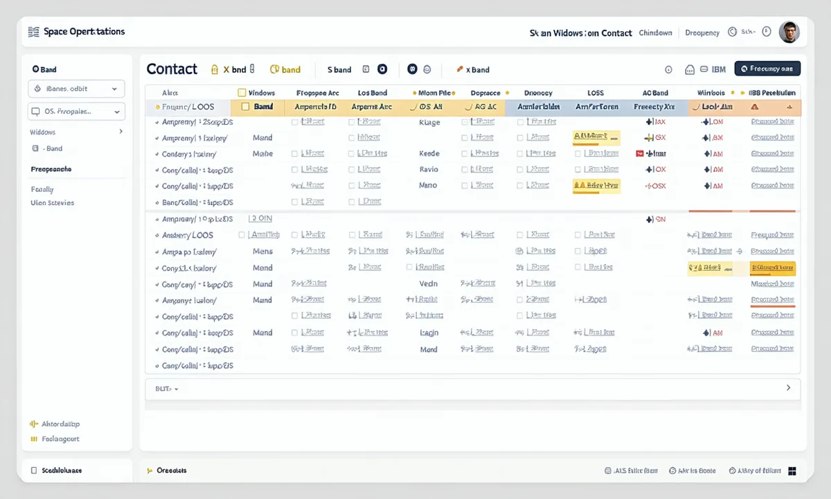 Orbitvein contact scheduling interface showing AOS/LOS time windows, orbit selection, and frequency band configuration